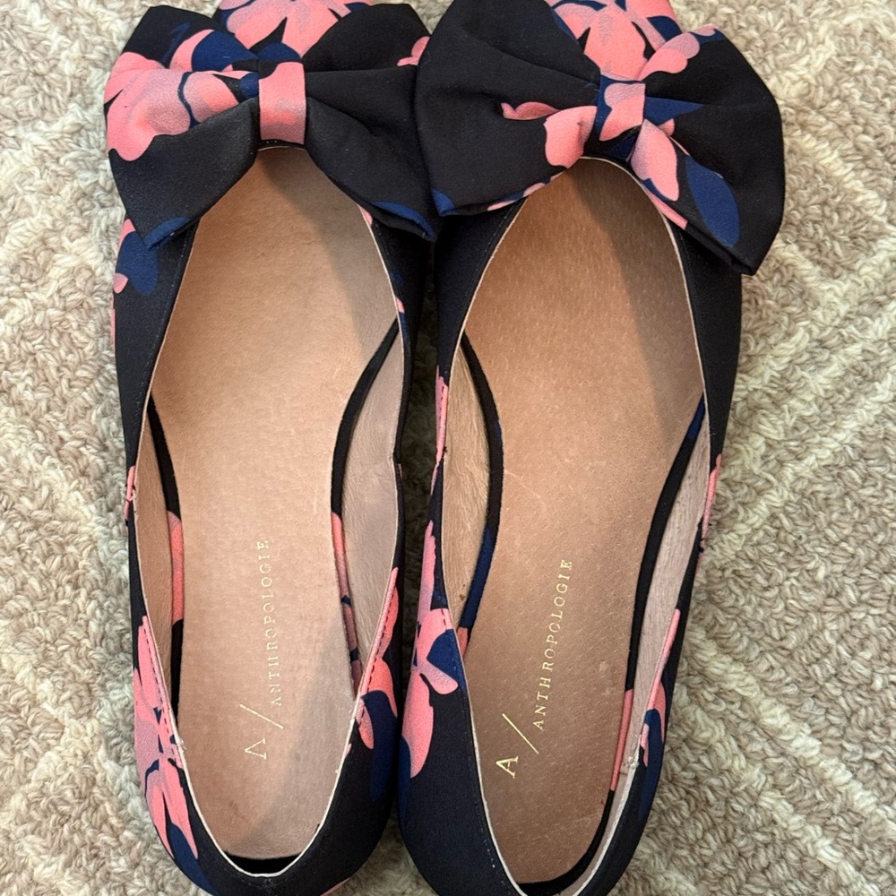 Anthropologie Black and Pink Floral Bow Flats 8